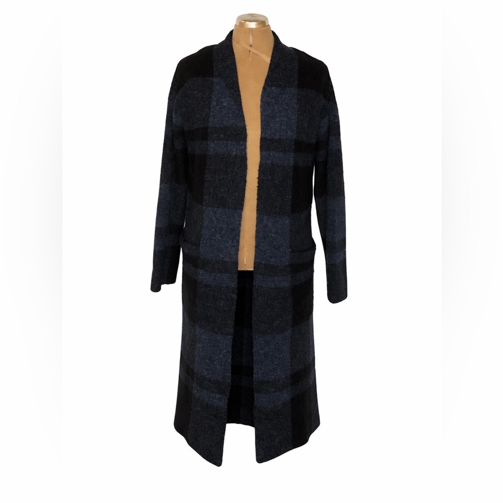 Cyrus Black & Blue Plaid Long Open Front Cardigan Sweater